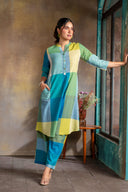 Lime Checks Handloom Cotton Rounded Hem Kurta Set with Flared Pants (set of 2)