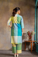 Lime Checks Handloom Cotton Rounded Hem Kurta Set with Flared Pants (set of 2)