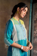Lime Checks Handloom Cotton Rounded Hem Kurta Set with Flared Pants (set of 2)
