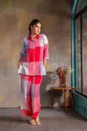 Red-White Checks Handloom Cotton High-Low Co-ord Set (set of 2)