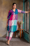 Teal Checks Handloom Cotton Antifit Kurta Set with Side Buttons (set of 2)