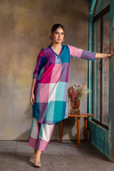 Teal Checks Handloom Cotton Antifit Kurta with Side Buttons