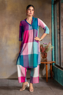 Teal Checks Handloom Cotton Antifit Kurta Set with Side Buttons (set of 2)