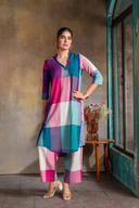 Teal Checks Handloom Cotton Antifit Kurta with Side Buttons