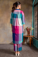 Teal Checks Handloom Cotton Antifit Kurta Set with Side Buttons (set of 2)