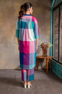 Teal Checks Handloom Cotton Antifit Kurta with Side Buttons