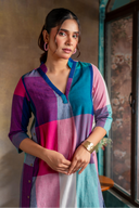 Teal Checks Handloom Cotton Antifit Kurta Set with Side Buttons (set of 2)