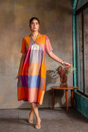 Red-White-Grey Checks Handloom Cotton A-line Dress