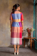 Red-White-Grey Checks Handloom Cotton A-line Dress