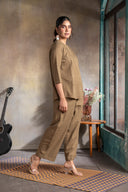 Mud Brown Handloom Cotton Hand Embroidered Antifit Co-ord Set (set of 2)