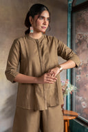 Mud Brown Handloom Cotton Hand Embroidered Antifit Co-ord Set (set of 2)