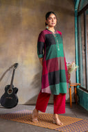 Red-Green Checks Handloom Cotton Rounded Hem Kurta Set with Red Flared Pants (set of 2)