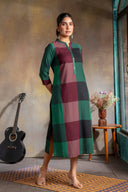 Red-Green Checks Handloom Cotton Rounded Hem A-line Kurta