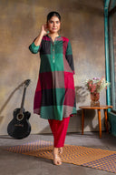 Red-Green Checks Handloom Cotton Rounded Hem Kurta Set with Red Flared Pants (set of 2)