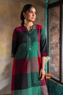 Red-Green Checks Handloom Cotton Rounded Hem Kurta Set with Red Flared Pants (set of 2)