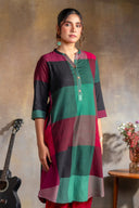 Red-Green Checks Handloom Cotton Rounded Hem Kurta Set with Red Flared Pants (set of 2)