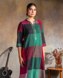 Red-Green Checks Handloom Cotton Rounded Hem A-line Kurta
