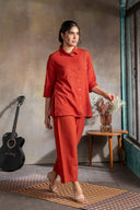 Rust Red Handloom Cotton Hand Embroidered Antifit Co-ord Set (set of 2)