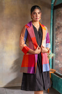 Red-White-Grey Checks Handloom Cotton Lapel Collar Jacket