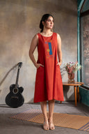 Rust Red Hand Embroidered Handloom Cotton Sleeveless Dress