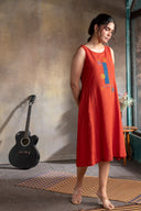 Rust Red Hand Embroidered Handloom Cotton Sleeveless Dress