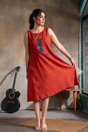 Rust Red Hand Embroidered Handloom Cotton Sleeveless Dress