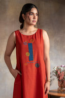 Rust Red Hand Embroidered Handloom Cotton Sleeveless Dress