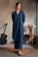 Indigo Handloom Cotton Antifit Kurta Set with Side Buttons (set of 2)