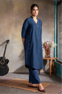 Indigo Handloom Cotton Antifit Kurta Set with Side Buttons (set of 2)