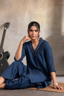 Indigo Handloom Cotton Antifit Kurta Set with Side Buttons (set of 2)