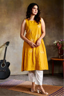 Yellow Floral Handloom Cotton Hand Embroidered Kurta Set (set of 2)