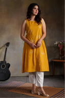 Yellow Floral Handloom Cotton Hand Embroidered Kurta Set (set of 2)