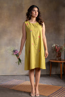 Lime Floral Handloom Cotton Hand Embroidered Sleeveless Dress