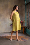 Lime Floral Handloom Cotton Hand Embroidered Sleeveless Dress