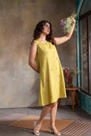 Lime Floral Handloom Cotton Hand Embroidered Sleeveless Dress