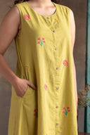 Lime Floral Handloom Cotton Hand Embroidered Sleeveless Dress