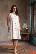 Ivory Floral Handloom Cotton Hand Embroidered Sleeveless Dress