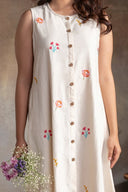 Ivory Floral Handloom Cotton Hand Embroidered Sleeveless Dress