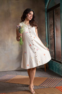 Ivory Floral Handloom Cotton Hand Embroidered Sleeveless Dress