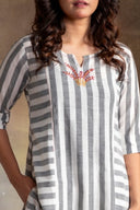 White-Grey Striped Hand Embroidered Cotton Three Panel Kurta Set (set of 2)