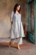 White-Grey Striped Hand Embroidered Cotton Three Panel Kurta Set (set of 2)