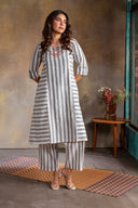 White-Grey Striped Hand Embroidered Cotton Three Panel Kurta Set (set of 2)