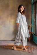 White-Grey Striped Hand Embroidered Cotton Three Panel Kurta Set (set of 2)