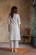 White-Grey Striped Hand Embroidered Cotton Three Panel Kurta Set (set of 2)