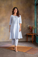 White-Blue Striped Hand Embroidered Cotton Three Panel Kurta Set (set of 2)