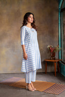 White-Blue Striped Hand Embroidered Cotton Three Panel Kurta Set (set of 2)
