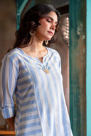 White-Blue Striped Hand Embroidered Cotton Three Panel Kurta Set (set of 2)