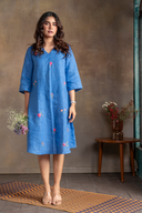 Ocean Blue Pure Linen Hand Embroidered Dress