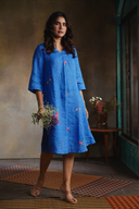 Ocean Blue Pure Linen Hand Embroidered Dress