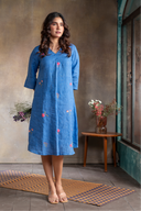 Ocean Blue Pure Linen Hand Embroidered Dress